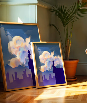 Silhouette of a woman on rooftop against a dreamy sky with colorful clouds