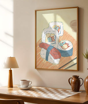 Illustration of assorted sushi on a wooden board