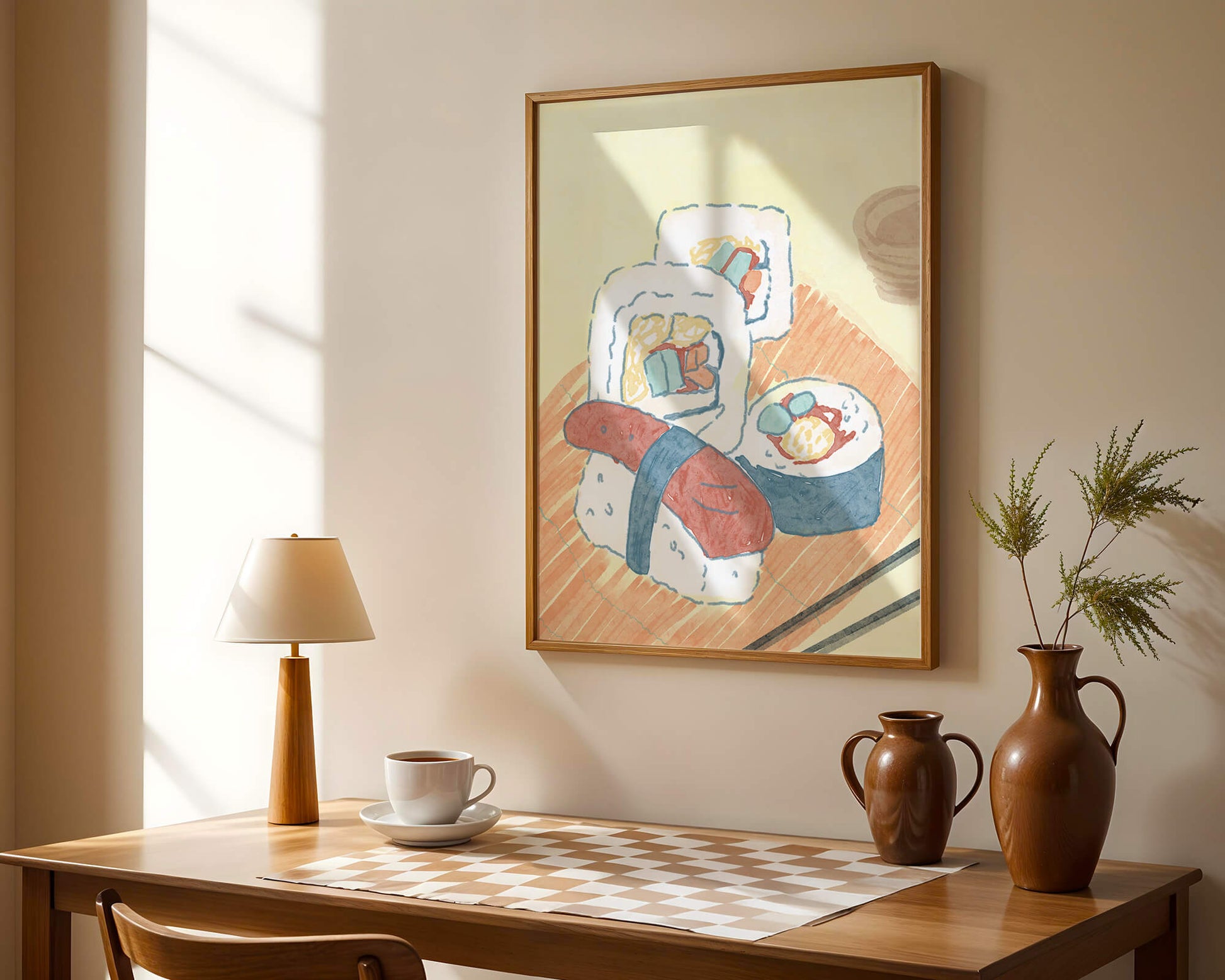 Illustration of assorted sushi on a wooden board