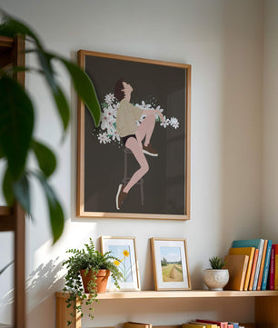 Illustration of a woman sitting on a stool surrounded by flowers
