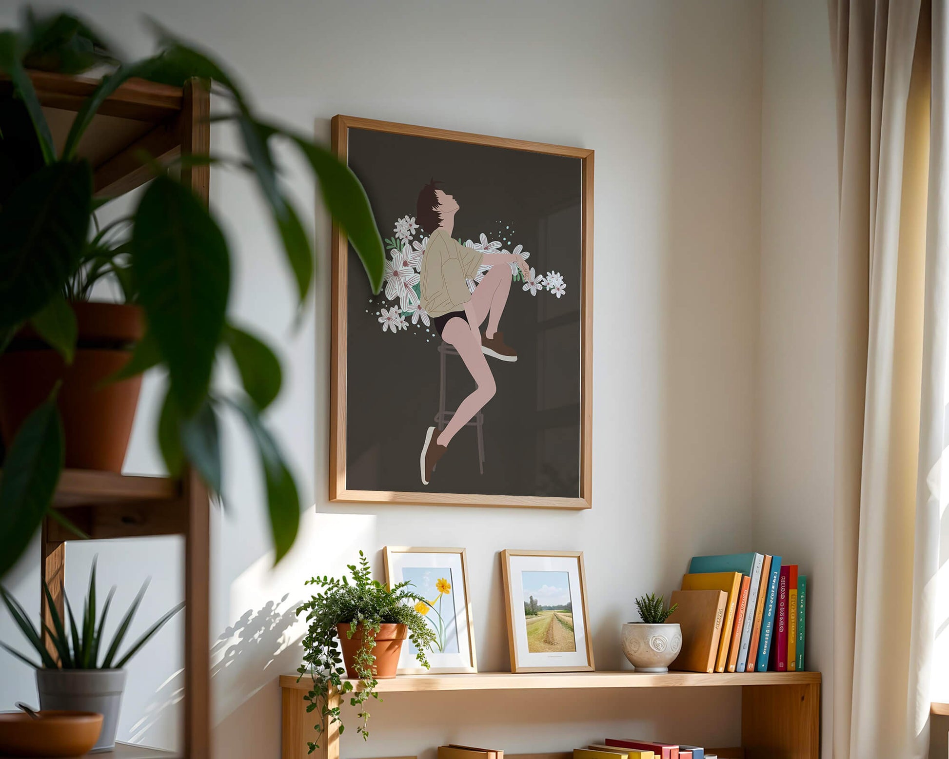 Illustration of a woman sitting on a stool surrounded by flowers