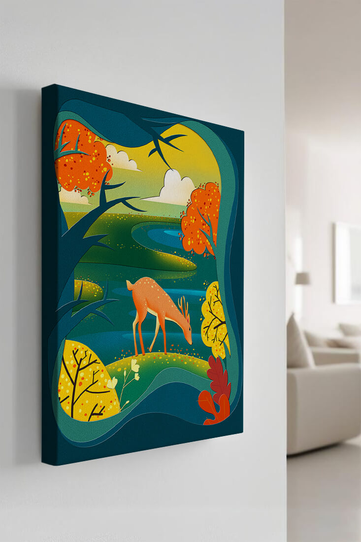 Deer in autumnal forest landscape with vibrant foliage