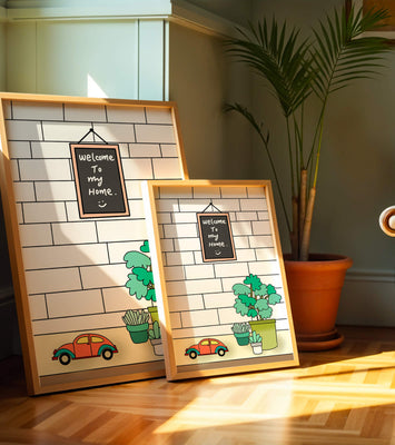 Chalkboard welcome sign with potted plants and a toy car