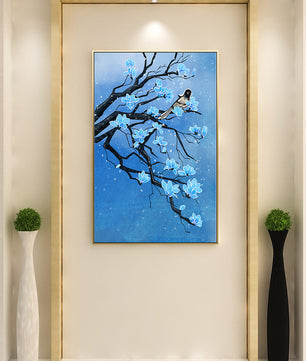 Blue Blossoms on Branch with Bird in Winter Scene
