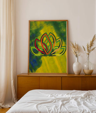Diseño abstracto de loto con colores vivos y formas orgánicas