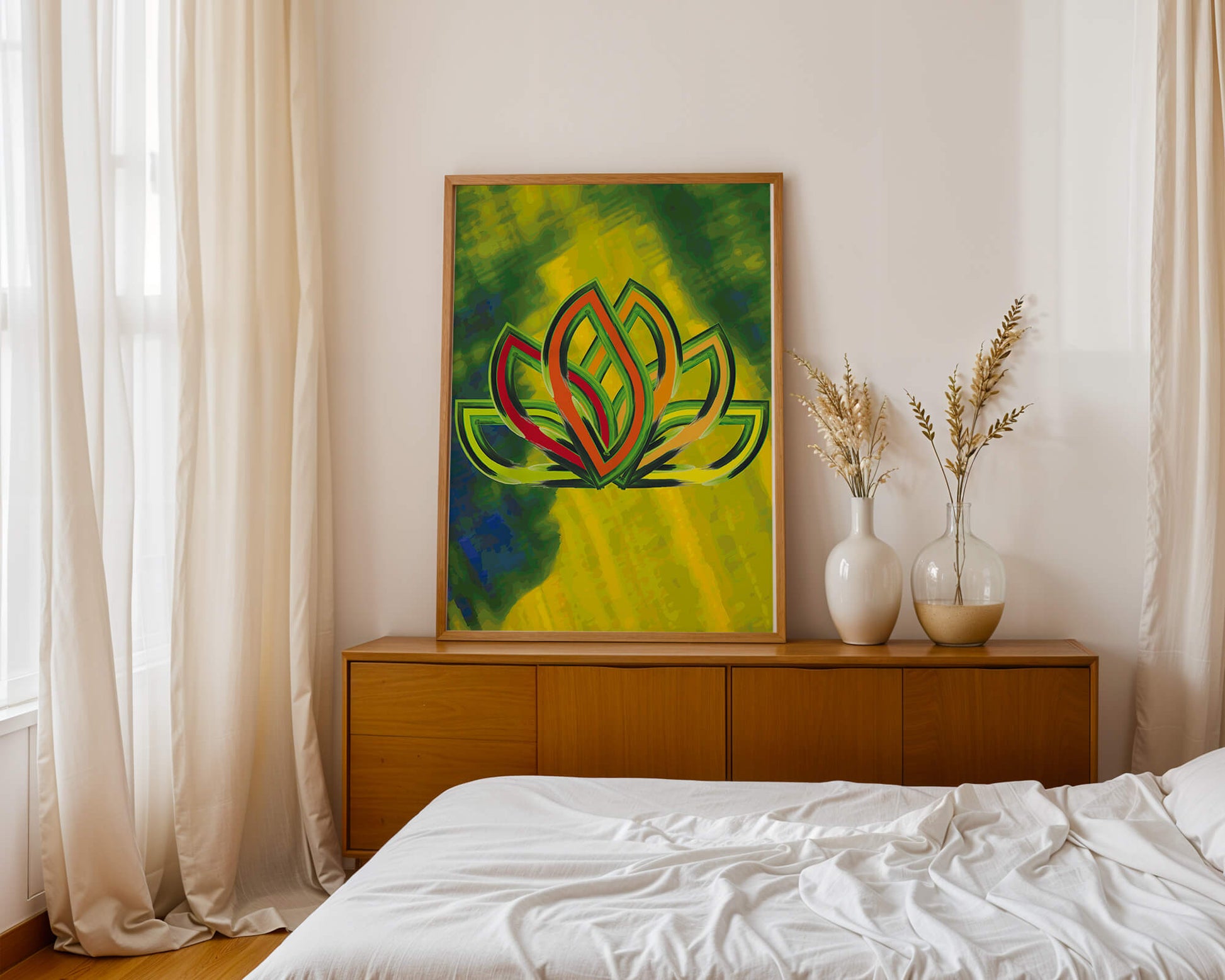 Diseño abstracto de loto con colores vivos y formas orgánicas