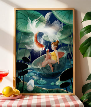 Illustration imaginative d'une fille avec un poisson et un lapin sous des nénuphars illuminés par la lune
