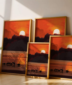 Ruhiger Sonnenuntergang über einem See mit Schwanensilhouette