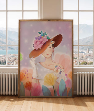Mujer elegante con sombrero floral entre flores coloridas