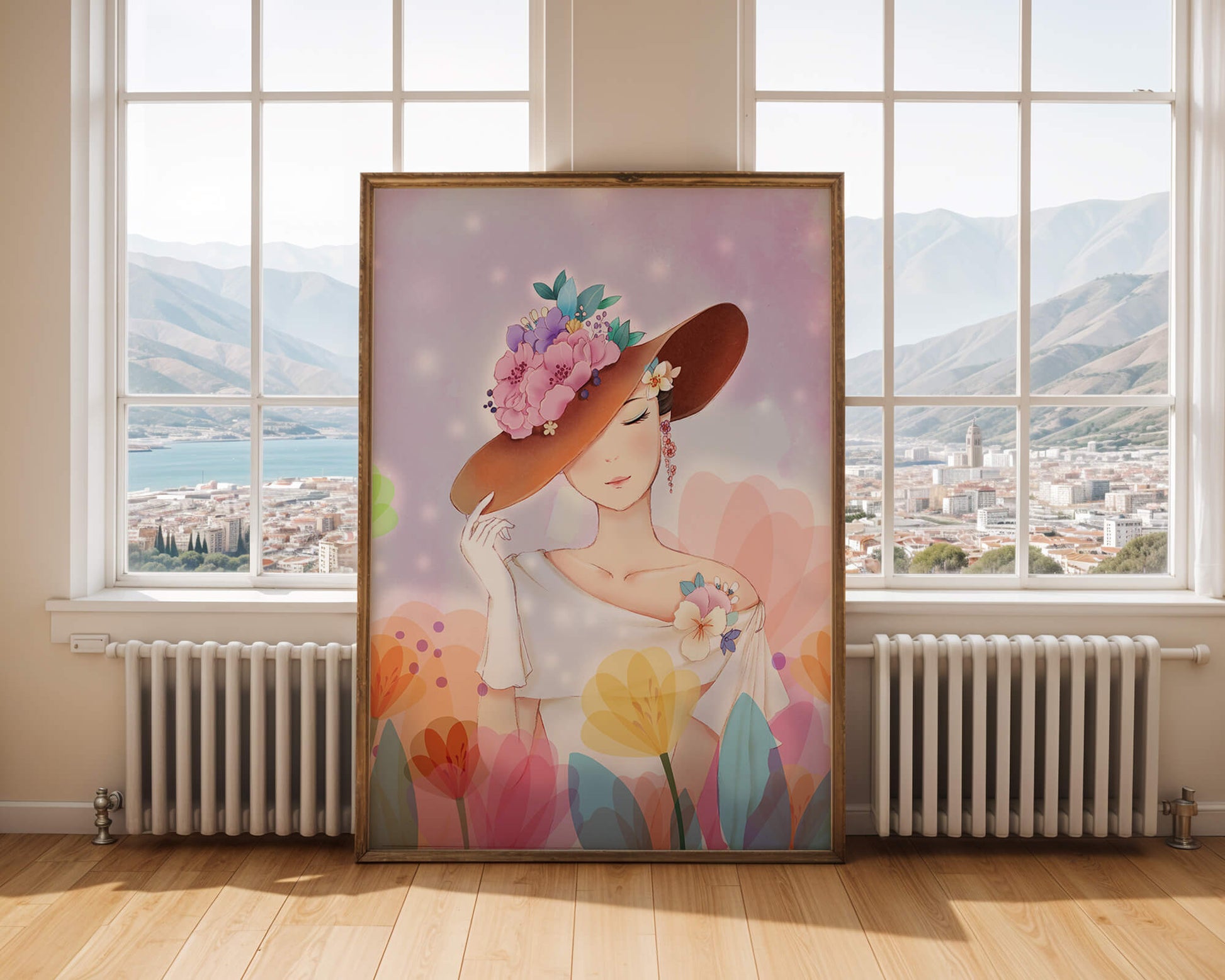 Mujer elegante con sombrero floral entre flores de colores