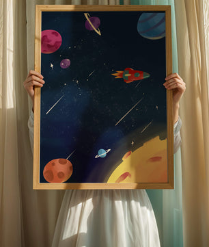 Farbenfrohes Weltraumabenteuer mit Planeten und Raketenillustration