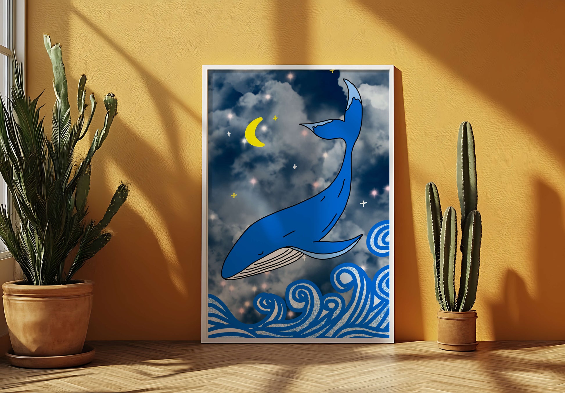 Whimsical blue whale in a starry night ocean scene