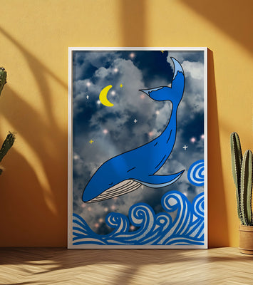 Whimsical blue whale in a starry night ocean scene