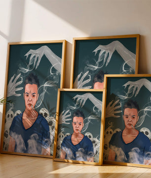 A Person Surrounded by Smoke and Ghostly Hands with Skulls in the Background