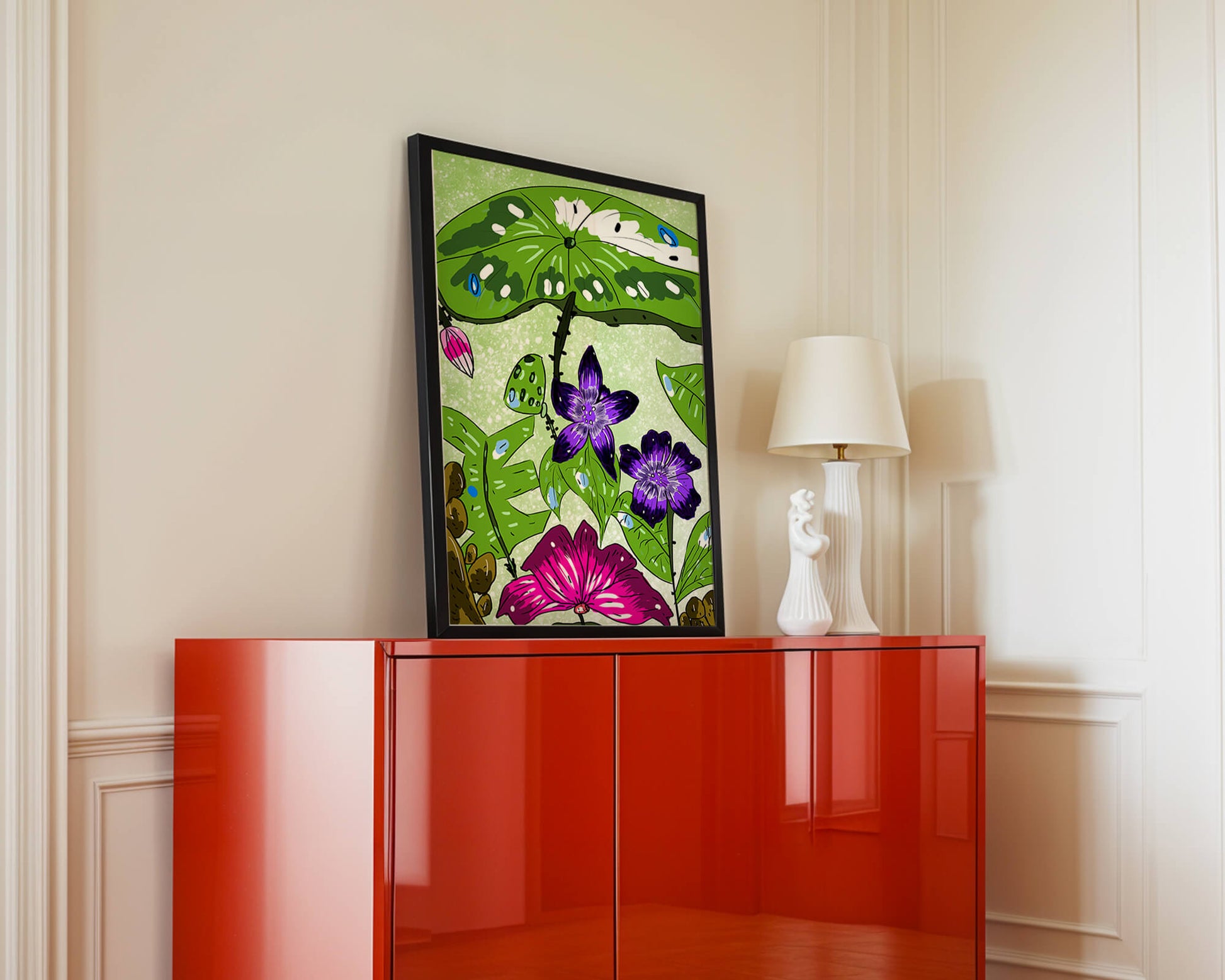Bunte Blumenillustration mit exotischen Blumen und Blättern