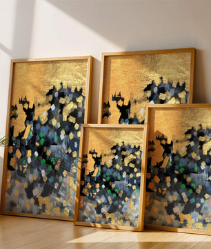 Arte abstracto con dorado y pinceladas coloridas