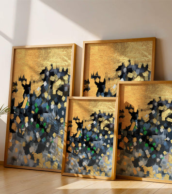 Abstract art with gold and colorful brushstrokes