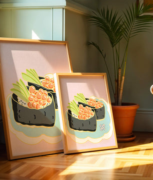 Illustration of sushi rolls with fish roe and avocado on a pastel background