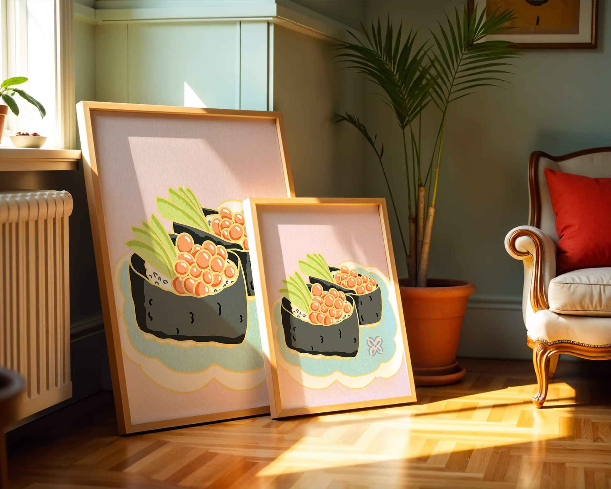 Illustration of sushi rolls with fish roe and avocado on a pastel background