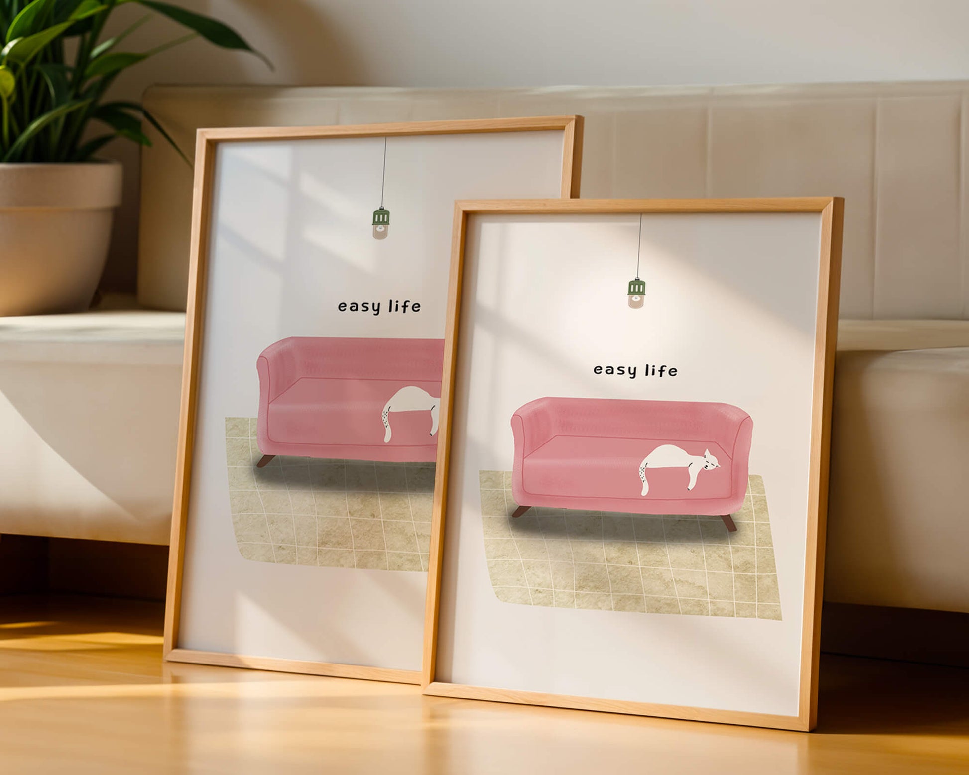 Interior minimalista con sofá rosa y gato blanco relajado