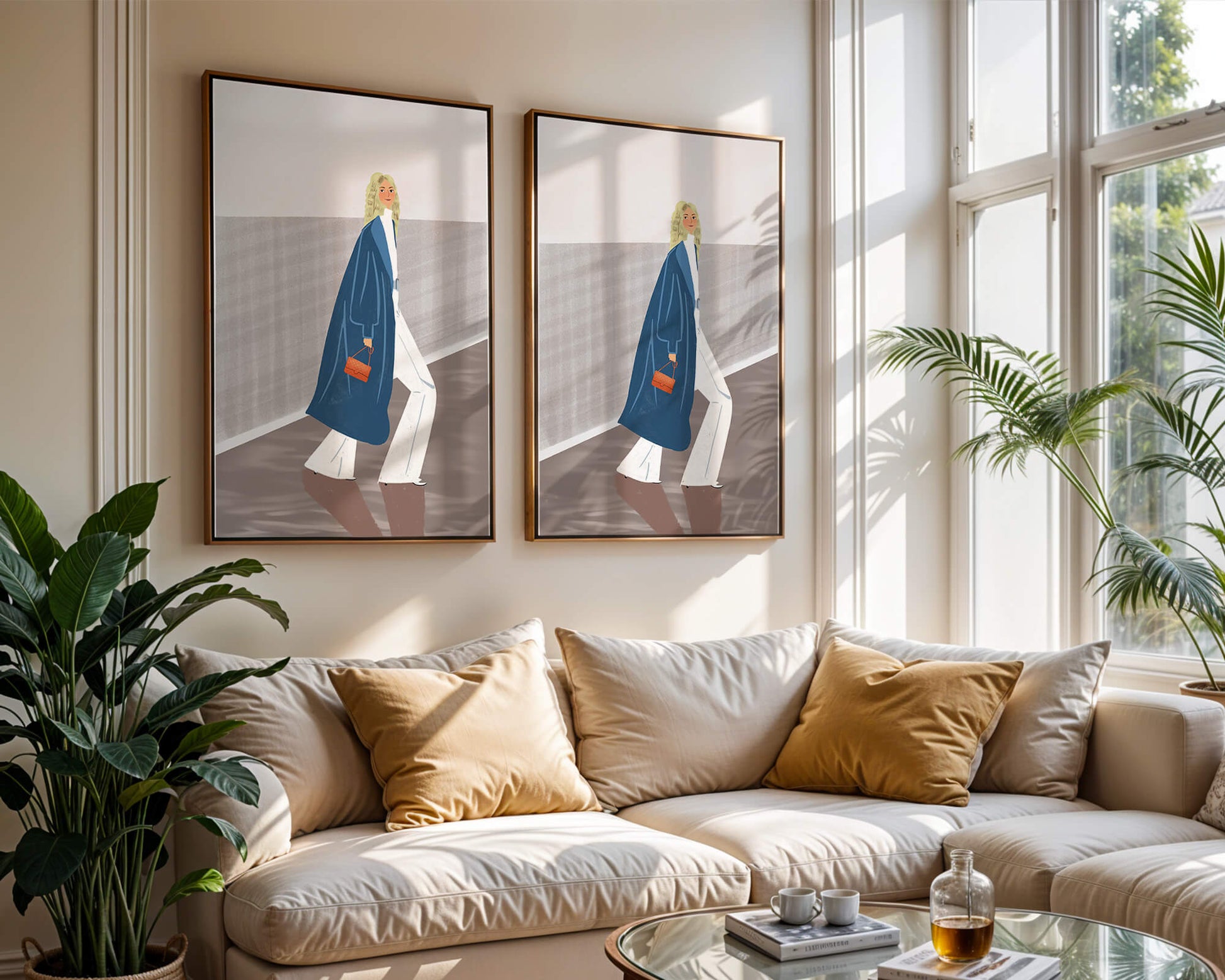 Fashionable Woman in Long Blue Coat Walking Along Corridor with Orange Handbag