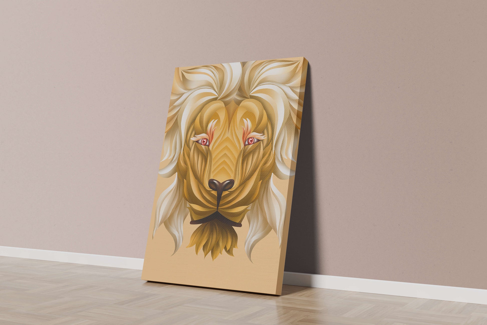 Lion Face with Intricate Golden Pattern and Flowing Mane