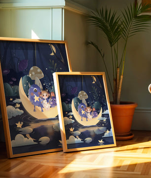 Escena nocturna onírica con un niño y monstruos amigables sobre una luna creciente