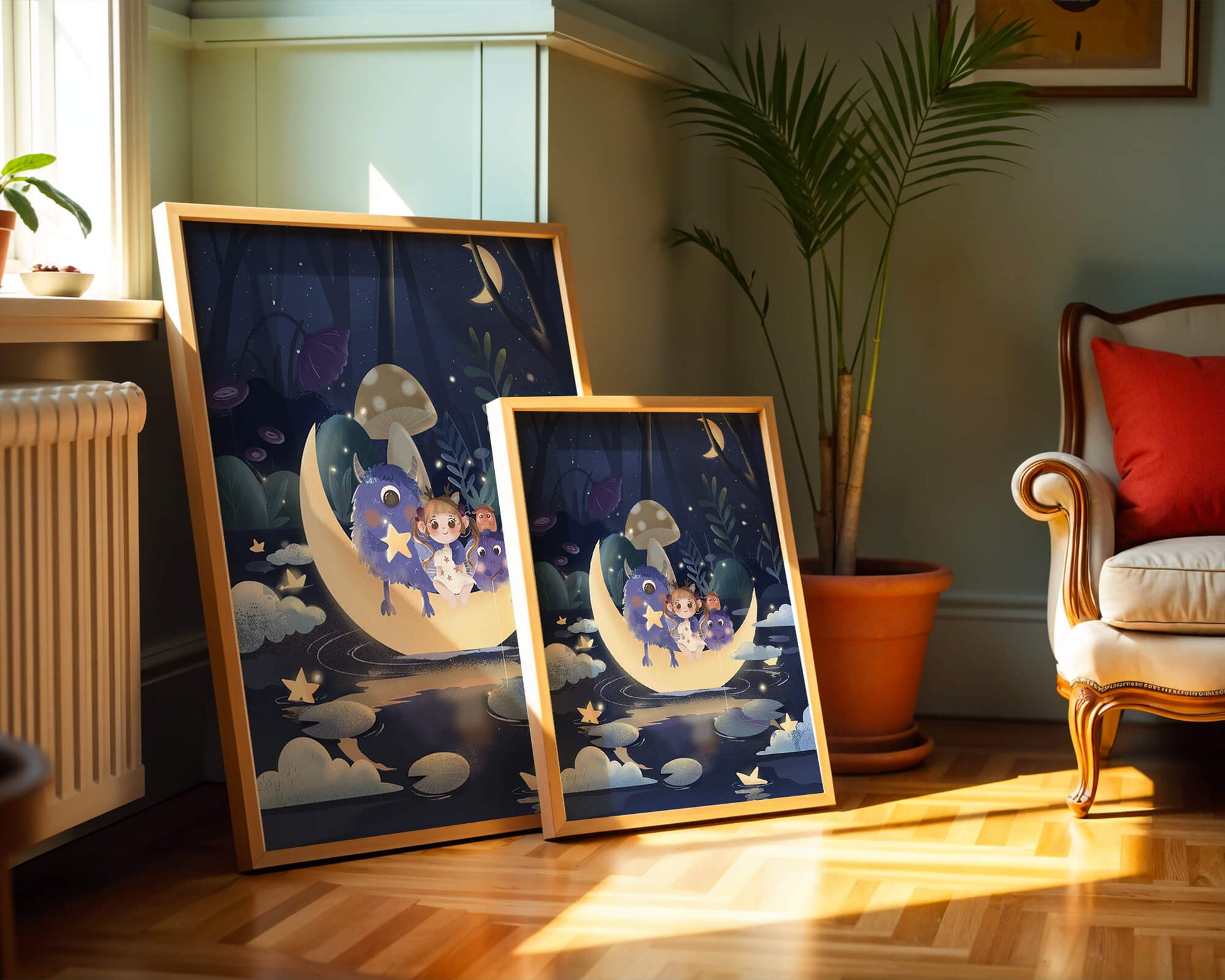 Dreamy night scene with a child and friendly monsters on a crescent moon