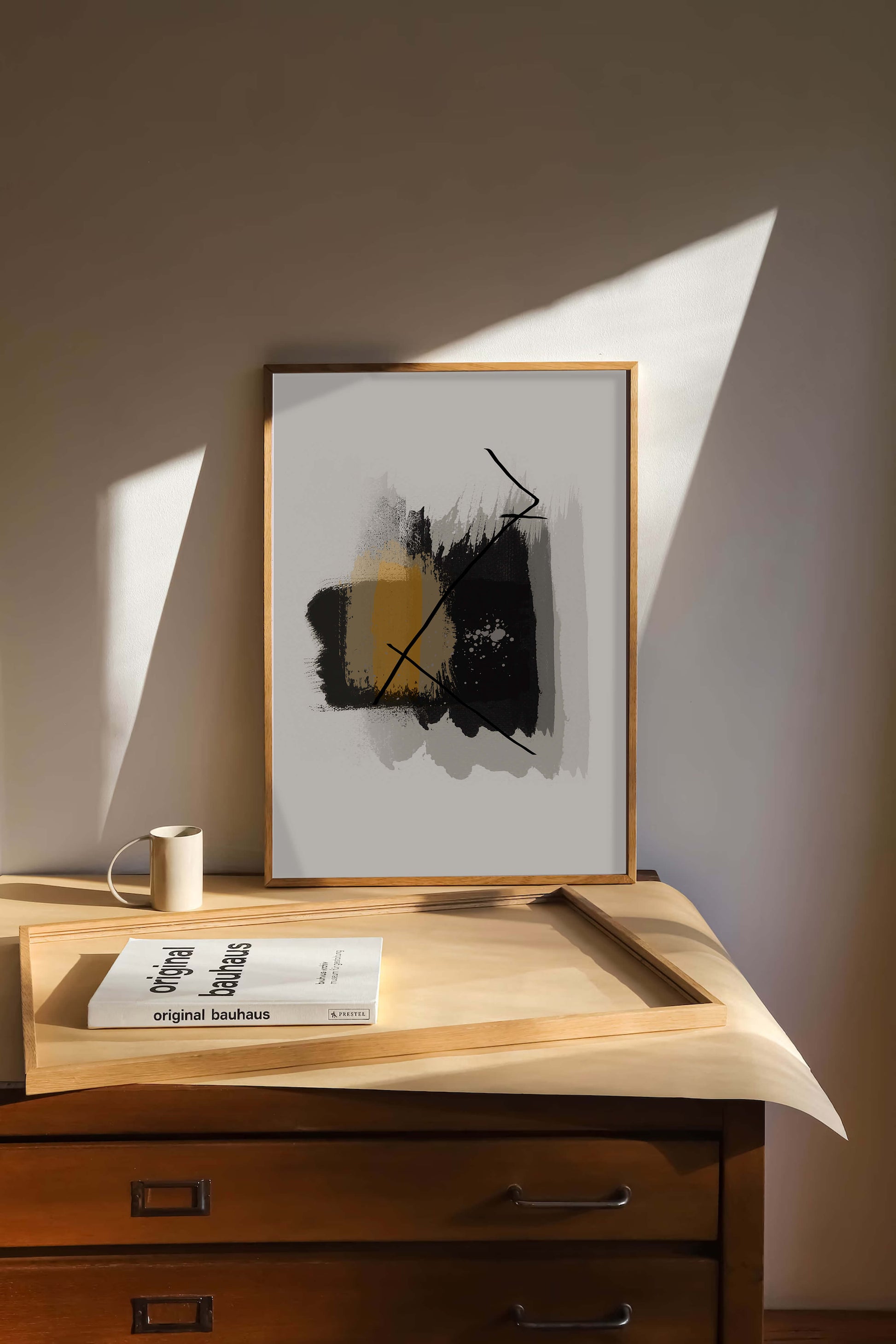 Abstract modern art with golden and black brush strokes