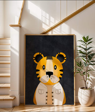 Illustration of cute cartoon tiger character in stylish outfit on dark background