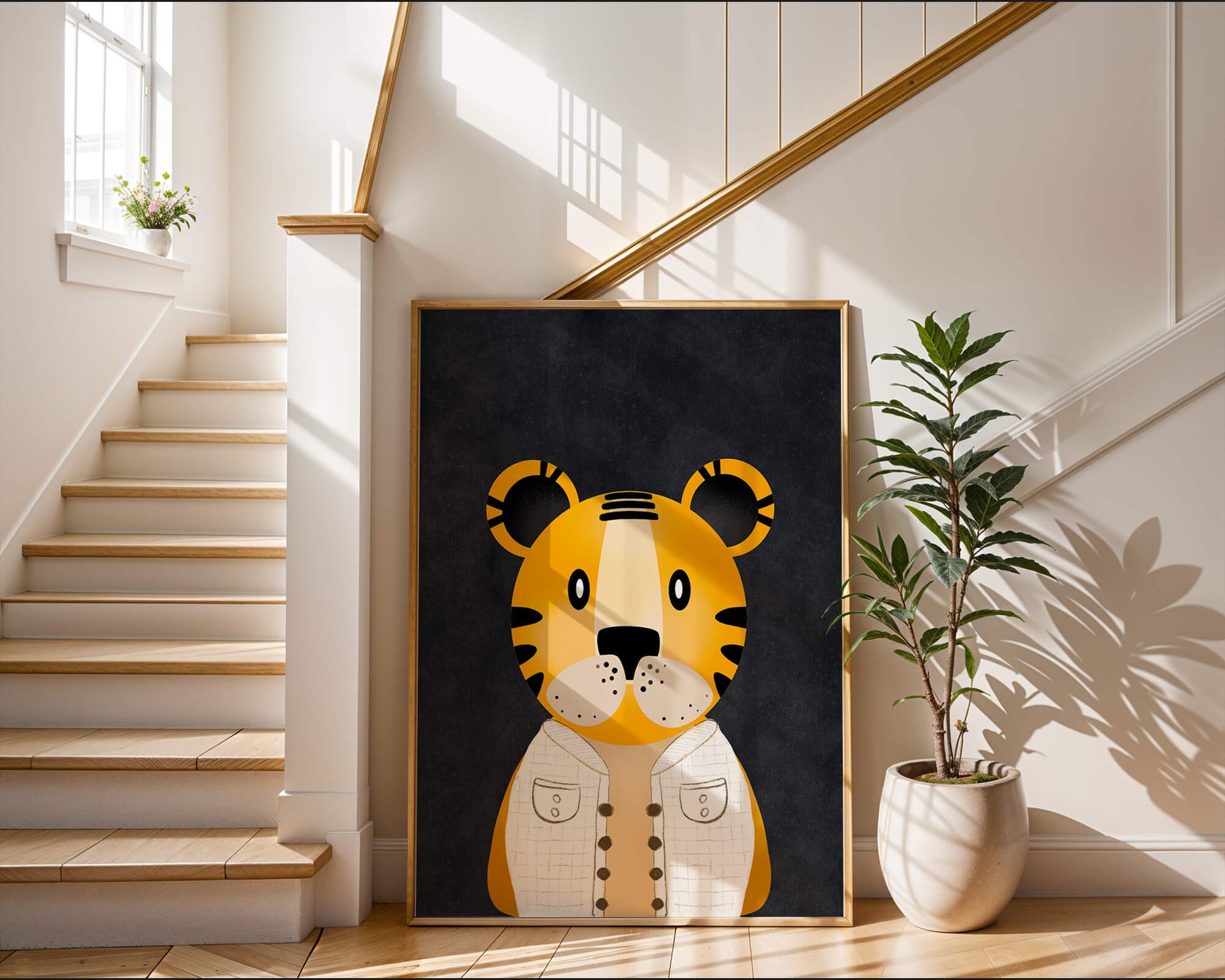 Illustration of cute cartoon tiger character in stylish outfit on dark background