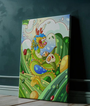 Dragon de dessin animé coloré avec des boulettes dans un paysage fantastique