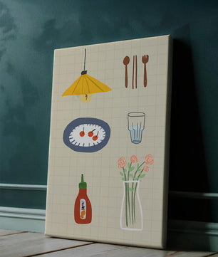 Artículos de cocina ilustrados que incluyen lámpara, utensilios y flores