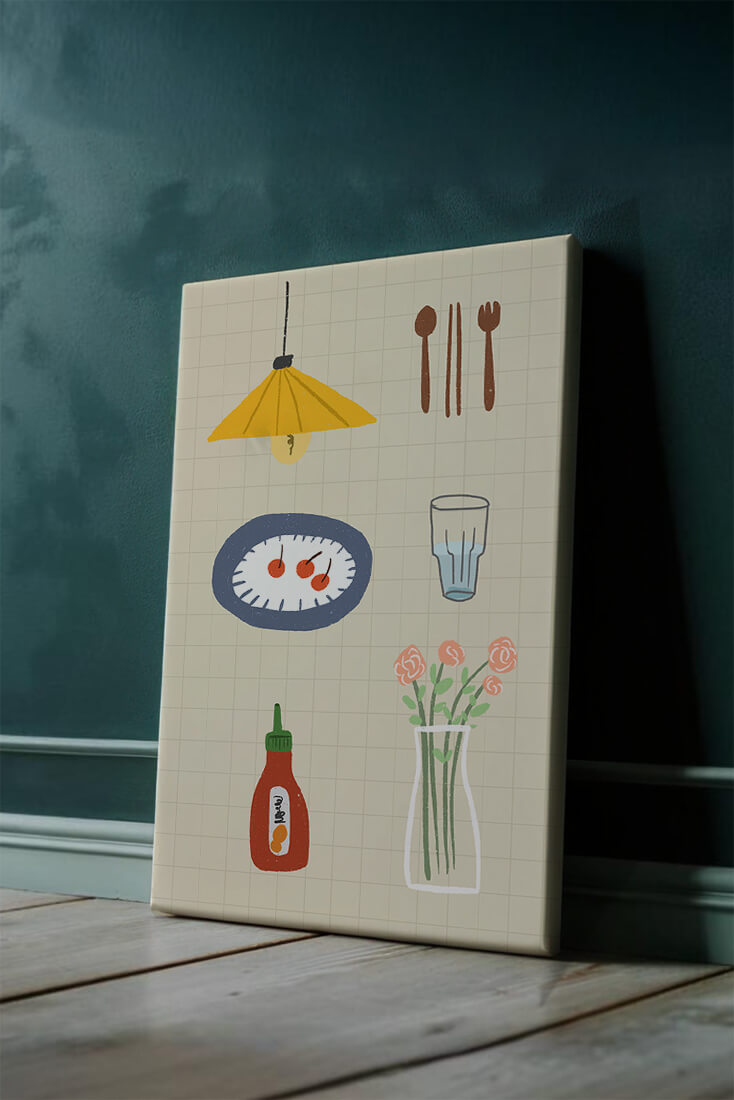 Artículos de cocina ilustrados que incluyen lámpara, utensilios y flores