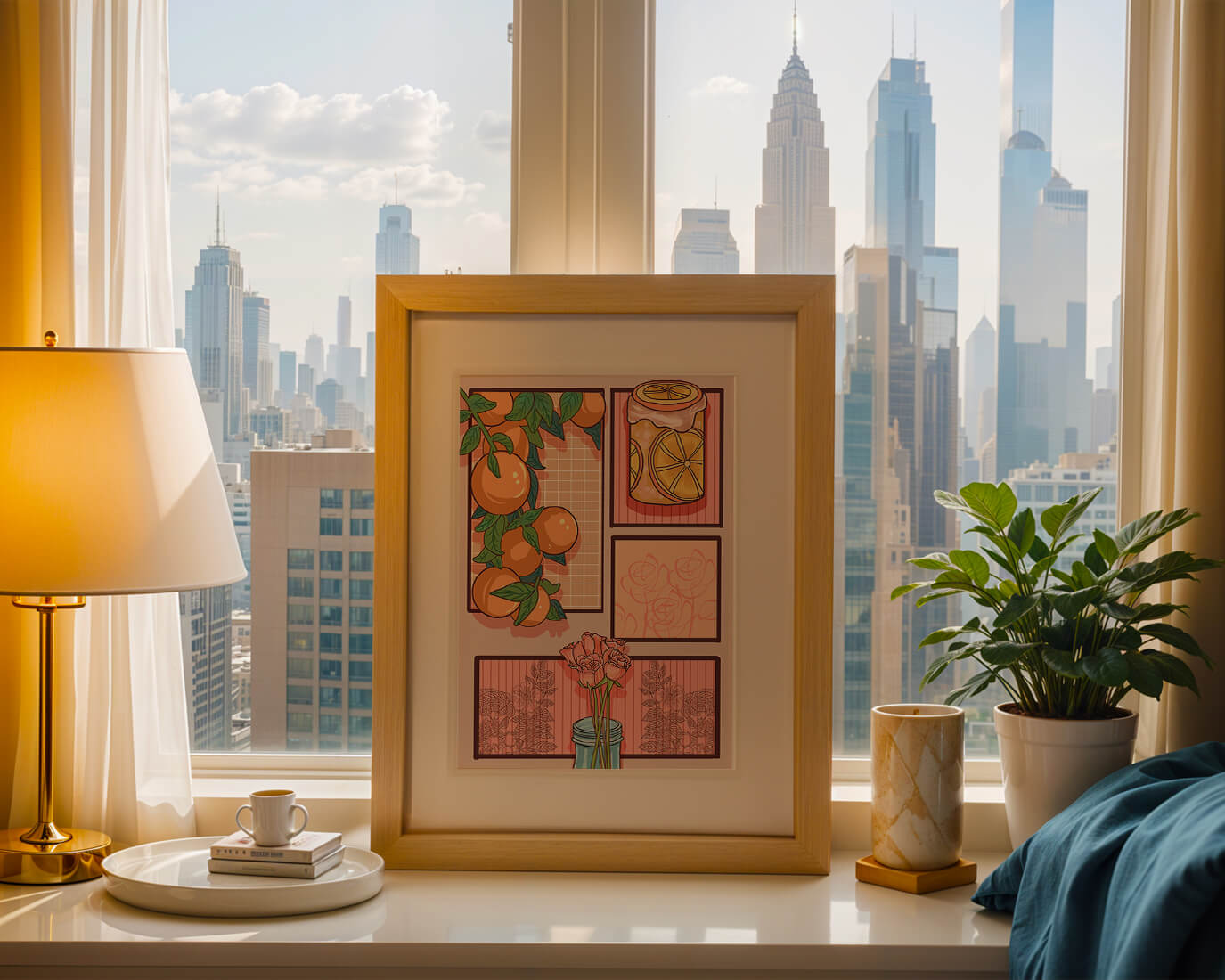 Composición artística con naranjas, frasco de rodajas de limón y rosas sobre fondo geométrico