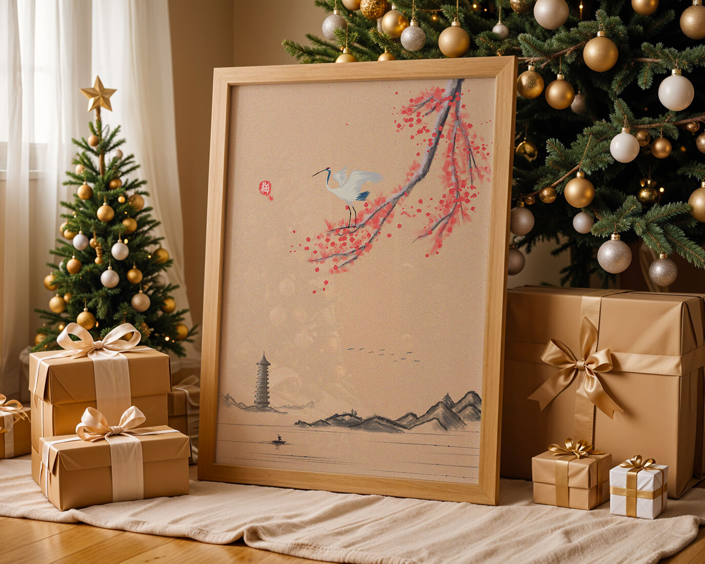 Serene landscape with crane and cherry blossom branch in East Asian style