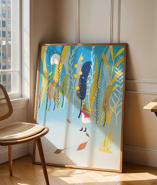 Ilustración caprichosa de una niña en un bosque abstracto vibrante