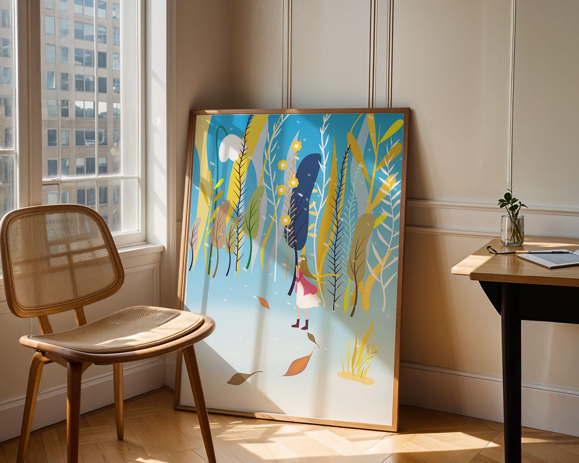 Ilustración caprichosa de una niña en un bosque abstracto vibrante
