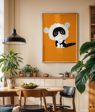 Ilustración de un gato disfrazado de oveja sobre fondo naranja vibrante