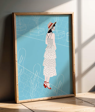 Stylish woman in polka dot dress with hat in modern abstract scene