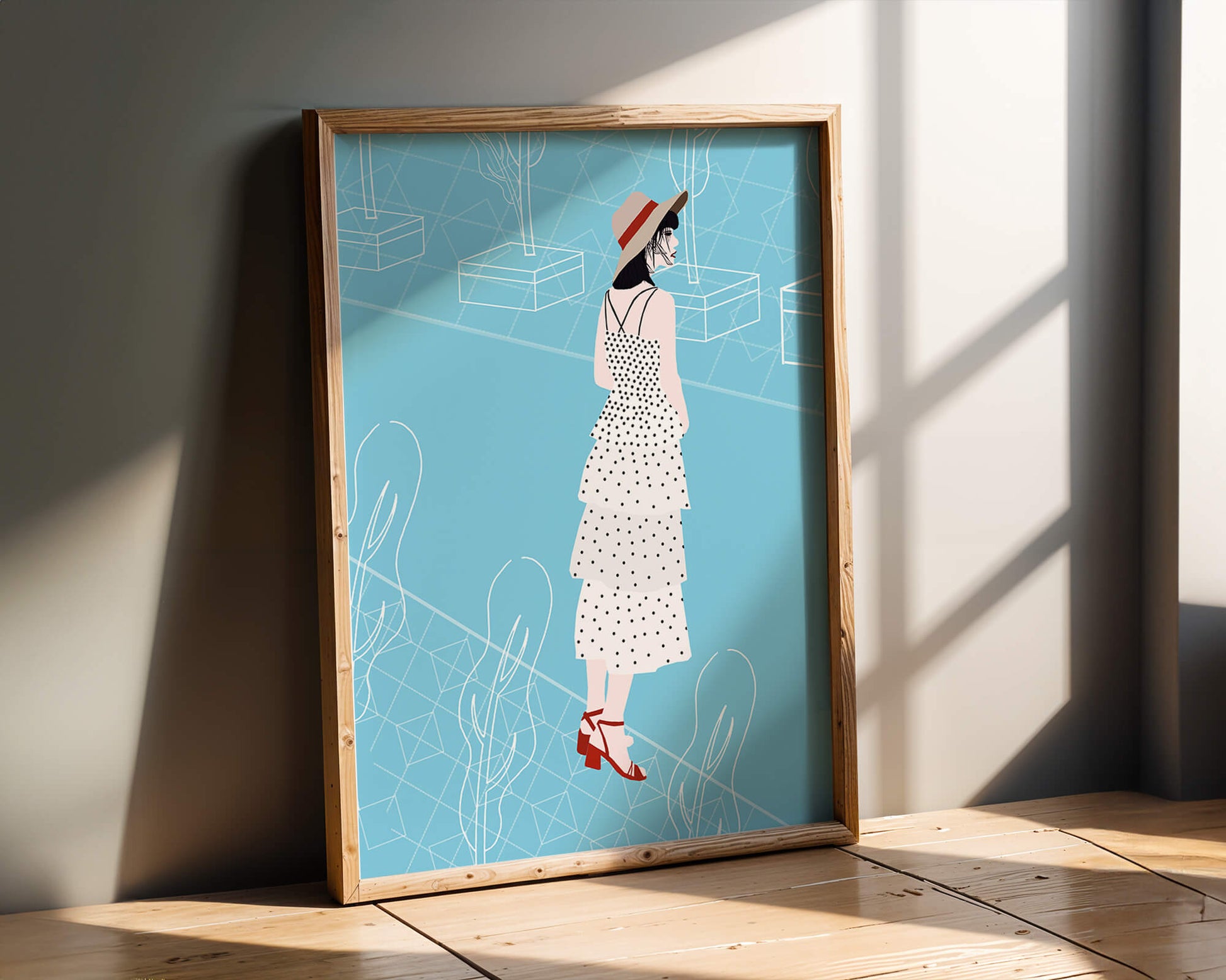 Stylish woman in polka dot dress with hat in modern abstract scene