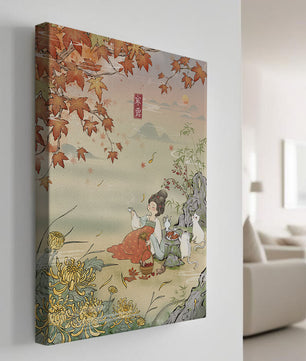 Traditional Chinese painting with autumn scenery and lady sipping tea