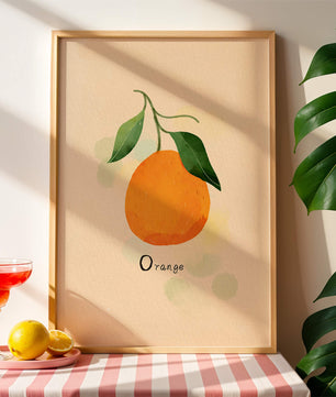 Illustration of a Single Orange with Leaves on a Textured Background - Mi tienda