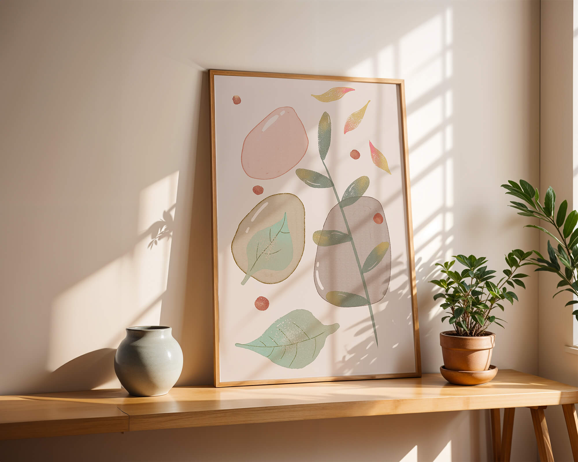 Abstract botanical illustration with pastel colored leaves and shapes