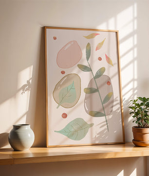 Abstract botanical illustration with pastel colored leaves and shapes