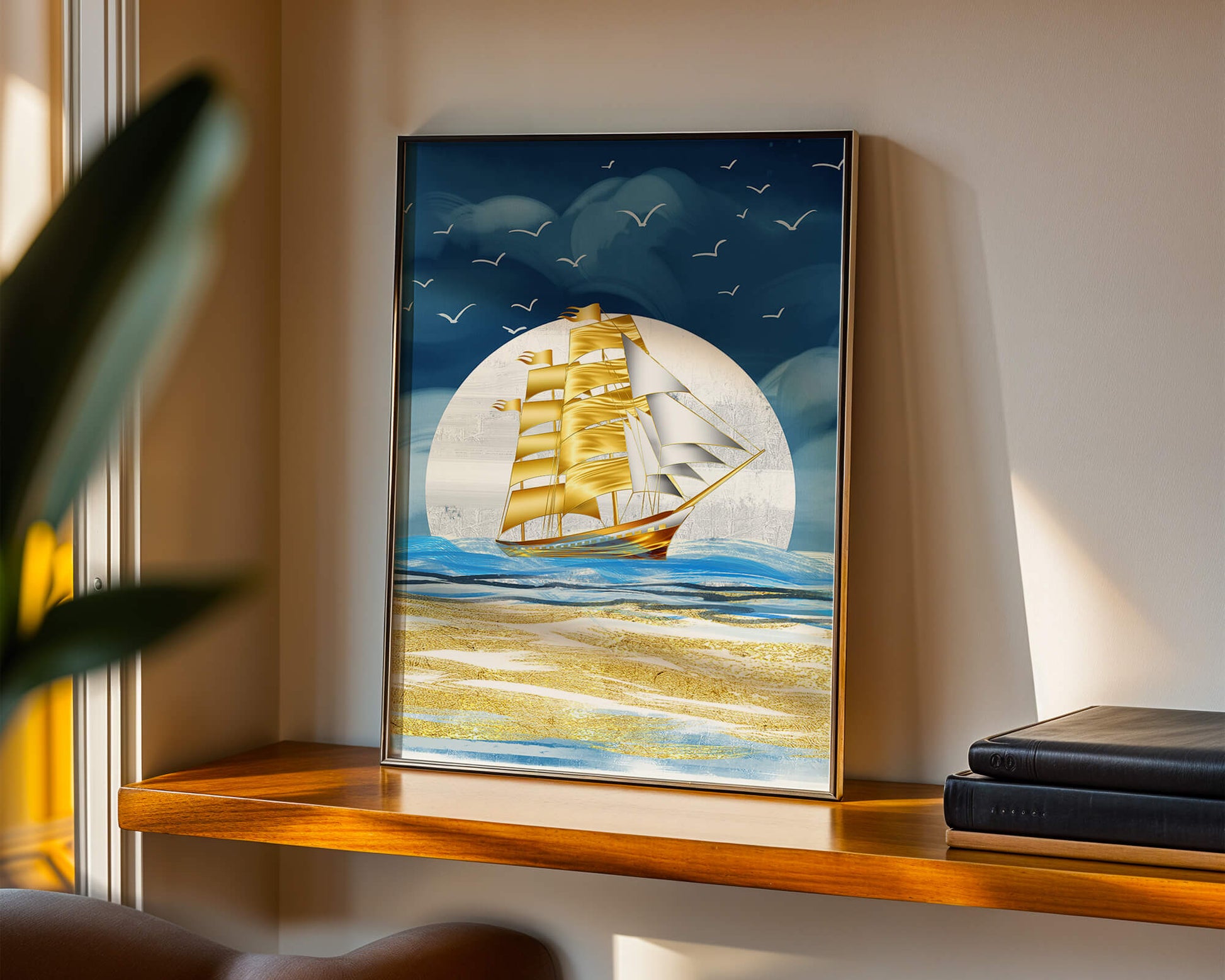 Golden Sailing Ship on the Sea with Seagulls and Blue Horizon