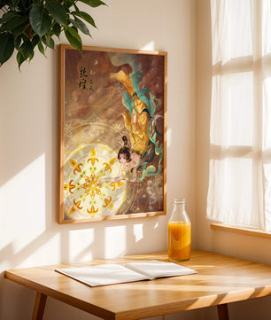 Figura celestial elegante con aura dorada y motivos florales
