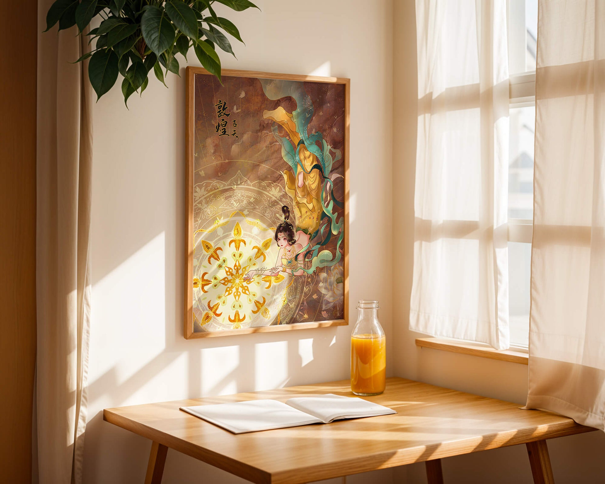 Figura celestial elegante con aura dorada y motivos florales