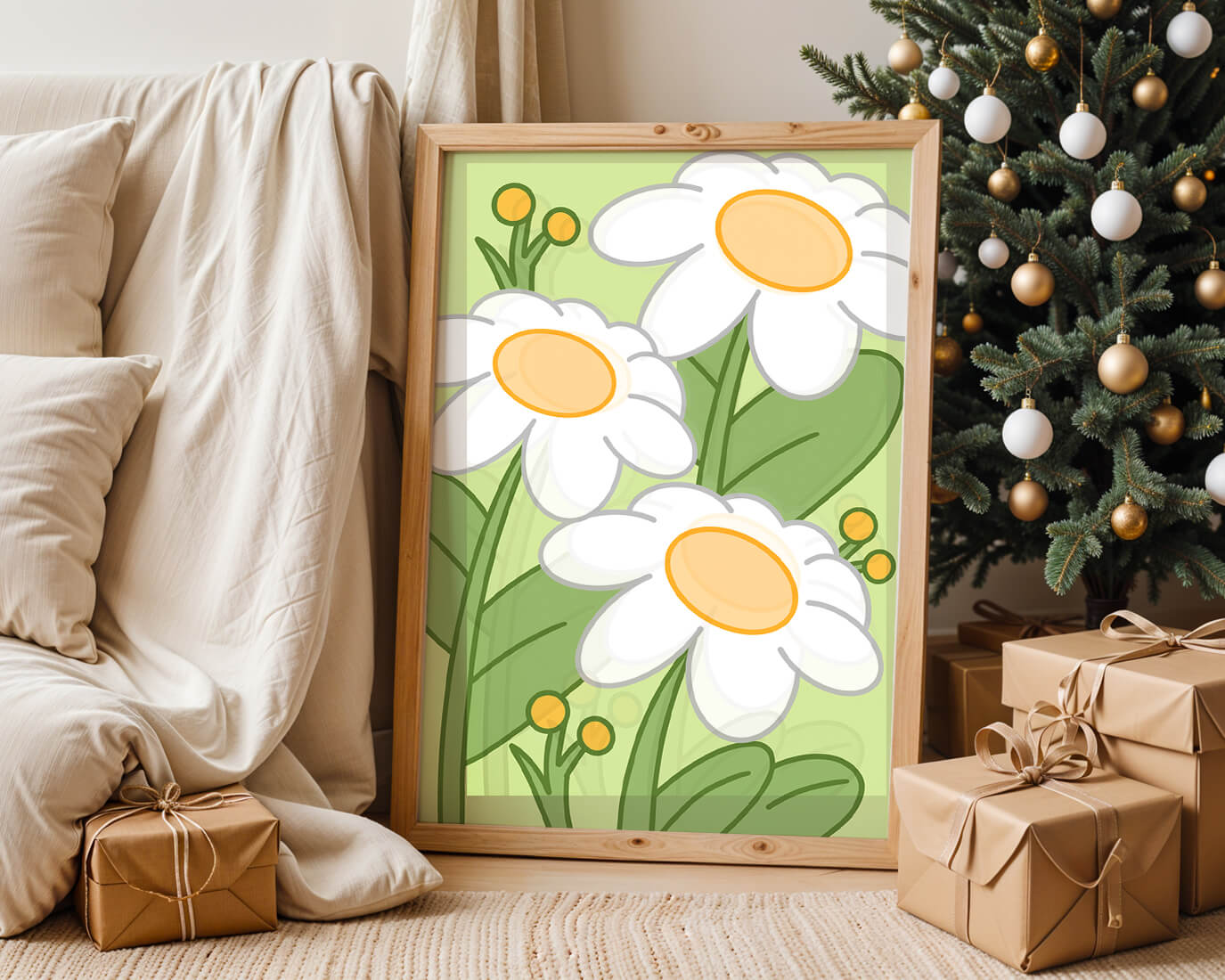 Charming illustrated daisies on a green background