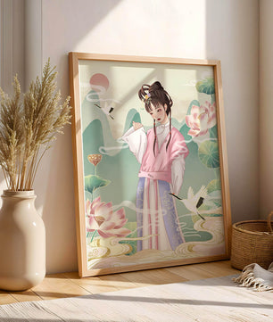 Femme élégante en tenue traditionnelle avec lotus en fleurs et grues